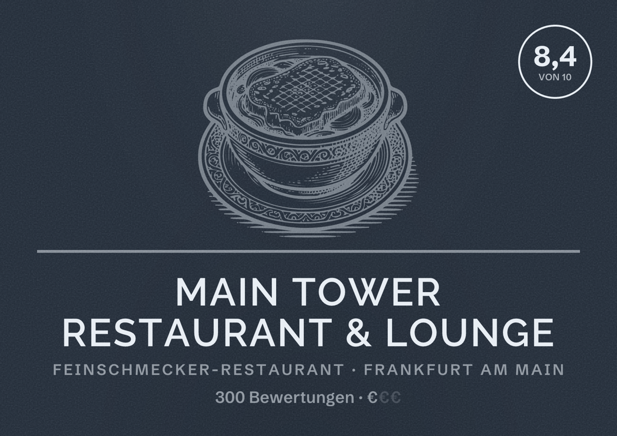 Illustriertes Poster von Main Tower Restaurant & Lounge, Feinschmecker-Restaurant in Frankfurt am Main: Bewertung 8,4 von 10 aus 300 Bewertungen, Preisniveau €