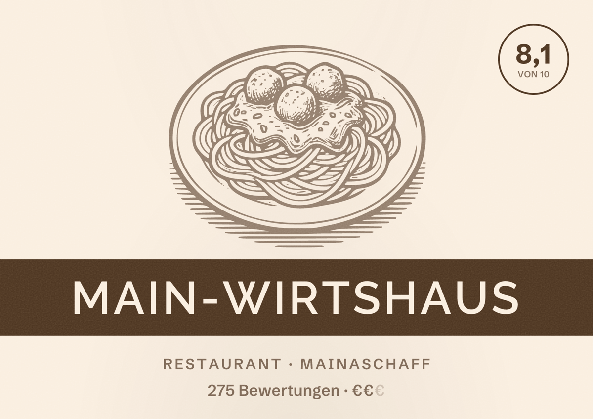 Illustriertes Poster von Main-Wirtshaus, Restaurant in Mainaschaff: Bewertung 8,1 von 10 aus 275 Bewertungen, Preisniveau €€