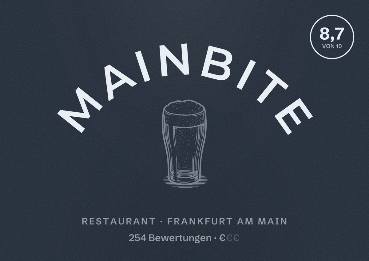 Illustriertes Poster von MainBite, Restaurant in Frankfurt am Main: Bewertung 8,7 von 10 aus 254 Bewertungen, Preisniveau €