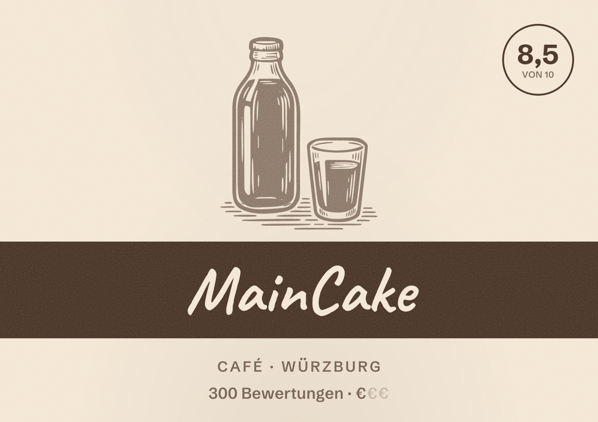 Illustriertes Poster von MainCake, Café in Würzburg: Bewertung 8,5 von 10 aus 300 Bewertungen, Preisniveau €