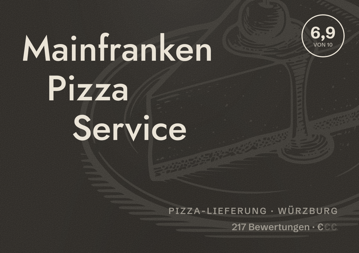 Illustriertes Poster von Mainfranken Pizza Service, Pizza-Lieferung in Würzburg: Bewertung 6,9 von 10 aus 217 Bewertungen, Preisniveau €