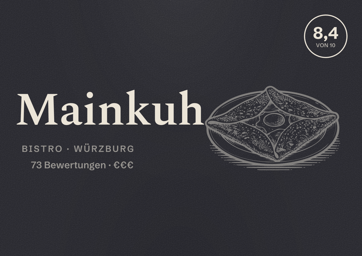 Illustriertes Poster von Mainkuh, Bistro in Würzburg: Bewertung 8,4 von 10 aus 73 Bewertungen, Preisniveau €€€