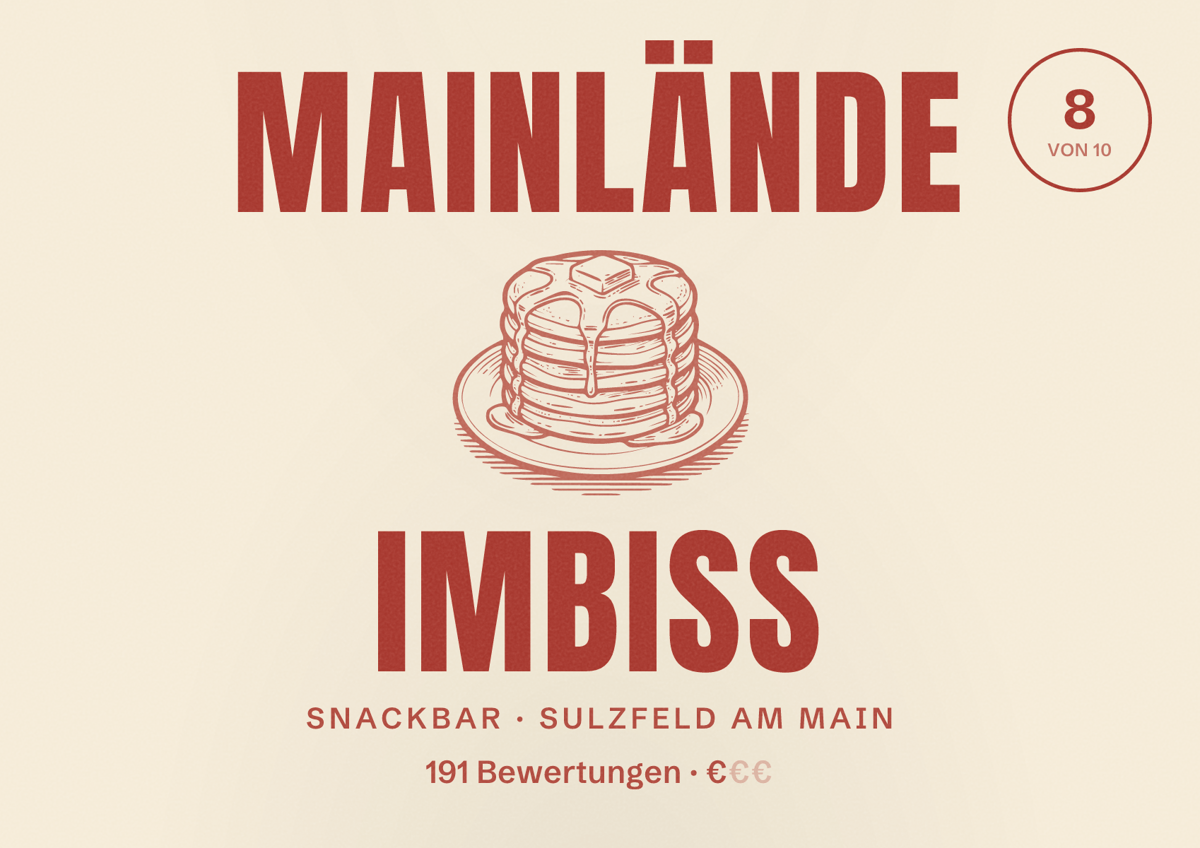 Illustriertes Poster von Mainlände Imbiss, Snackbar in Sulzfeld am Main: Bewertung 8 von 10 aus 191 Bewertungen, Preisniveau €