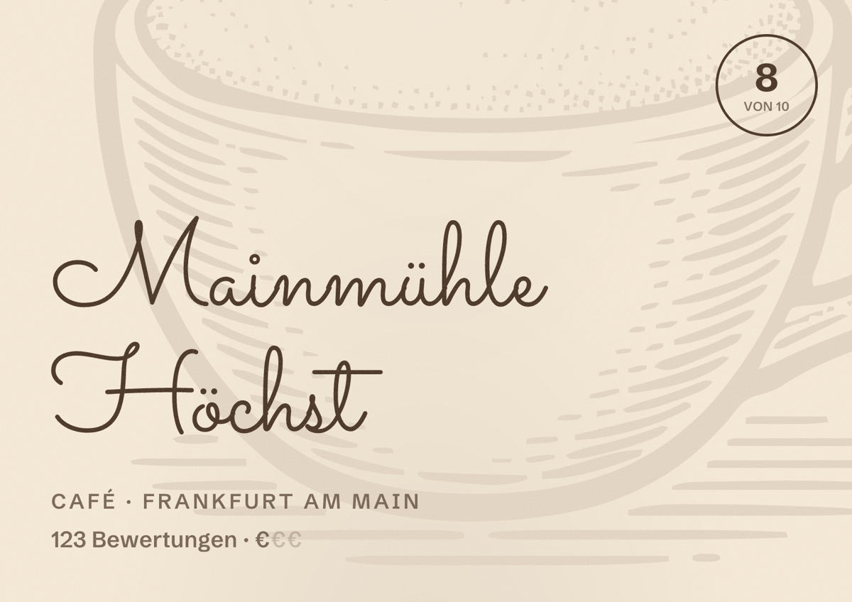 Illustriertes Poster von Mainmühle Höchst, Café in Frankfurt am Main: Bewertung 8,0 von 10 aus 123 Bewertungen, Preisniveau €