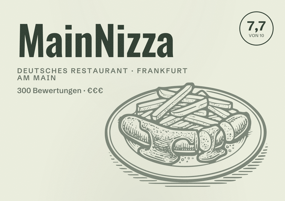 Illustriertes Poster von MainNizza, Deutsches Restaurant in Frankfurt am Main: Bewertung 7,7 von 10 aus 300 Bewertungen, Preisniveau €€€