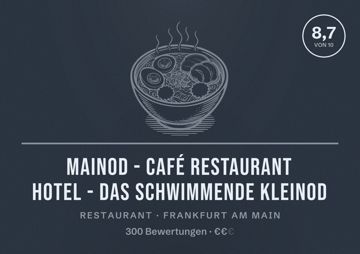 Illustriertes Poster von Mainod - Café Restaurant Hotel - das schwimmende Kleinod, Restaurant in Frankfurt am Main: Bewertung 8,7 von 10 aus 300 Bewertungen, Preisniveau €€