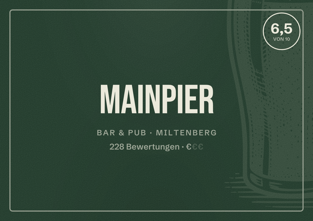 Illustriertes Poster von Mainpier, Bar & Pub in Miltenberg: Bewertung 6,5 von 10 aus 228 Bewertungen, Preisniveau €