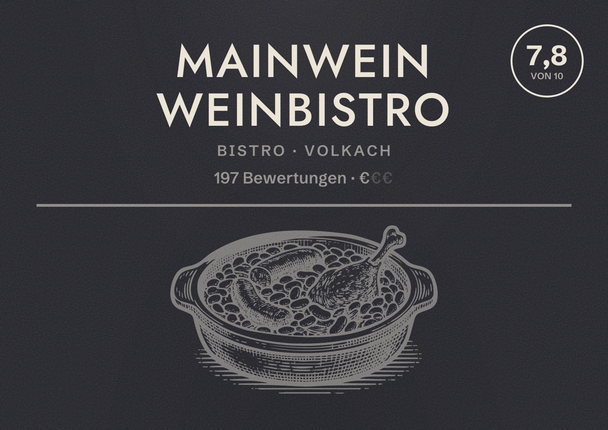 Illustriertes Poster von mainwein Weinbistro, Bistro in Volkach: Bewertung 7,8 von 10 aus 197 Bewertungen, Preisniveau €
