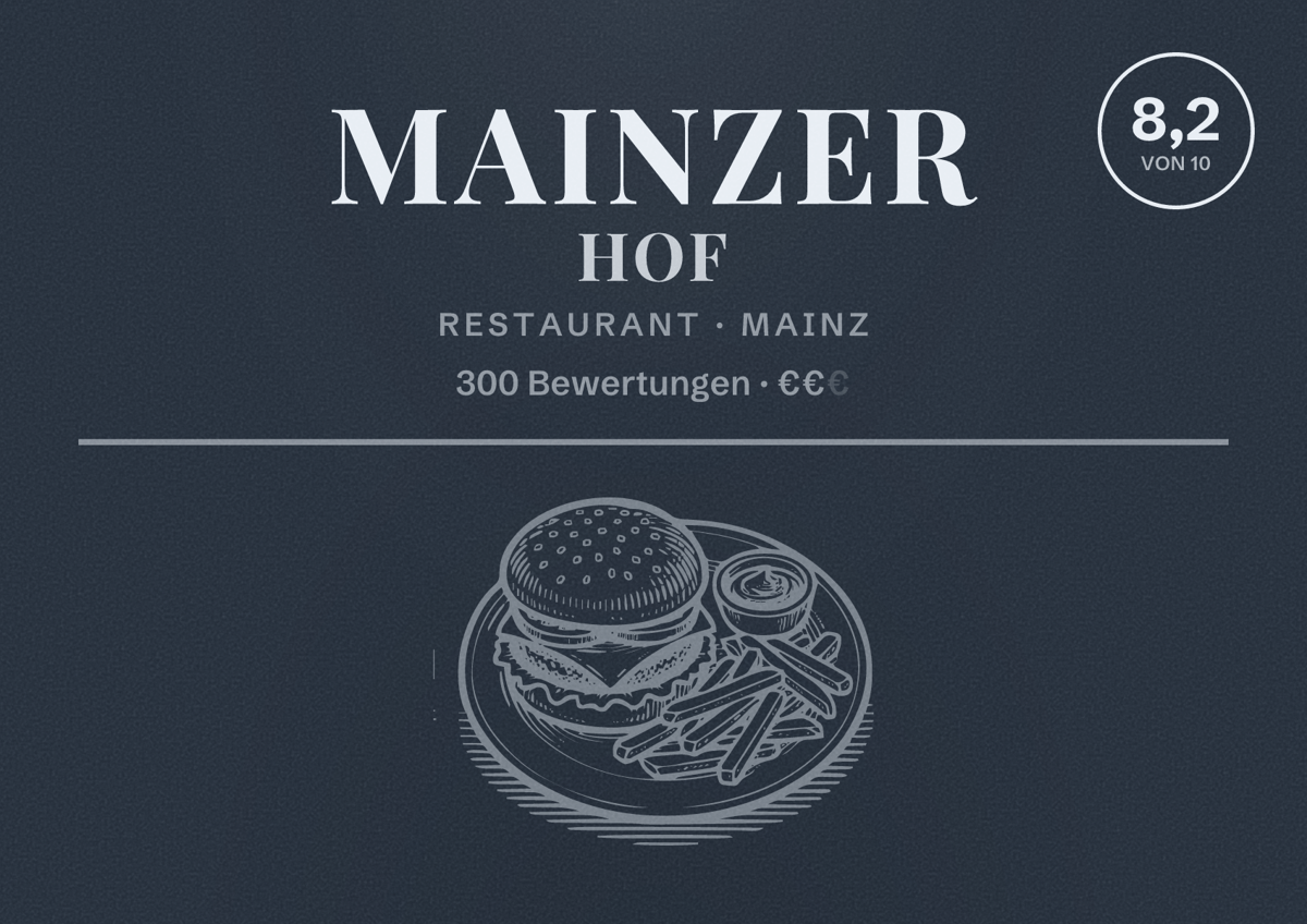 Illustriertes Poster von Mainzer Hof, Restaurant in Mainz: Bewertung 8,2 von 10 aus 300 Bewertungen, Preisniveau €€