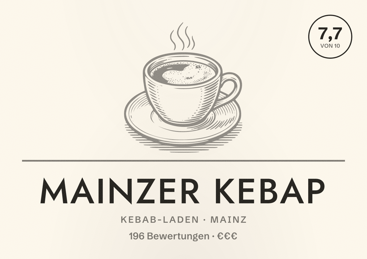 Illustriertes Poster von Mainzer Kebap, Kebab-Laden in Mainz: Bewertung 7,7 von 10 aus 196 Bewertungen, Preisniveau €€€