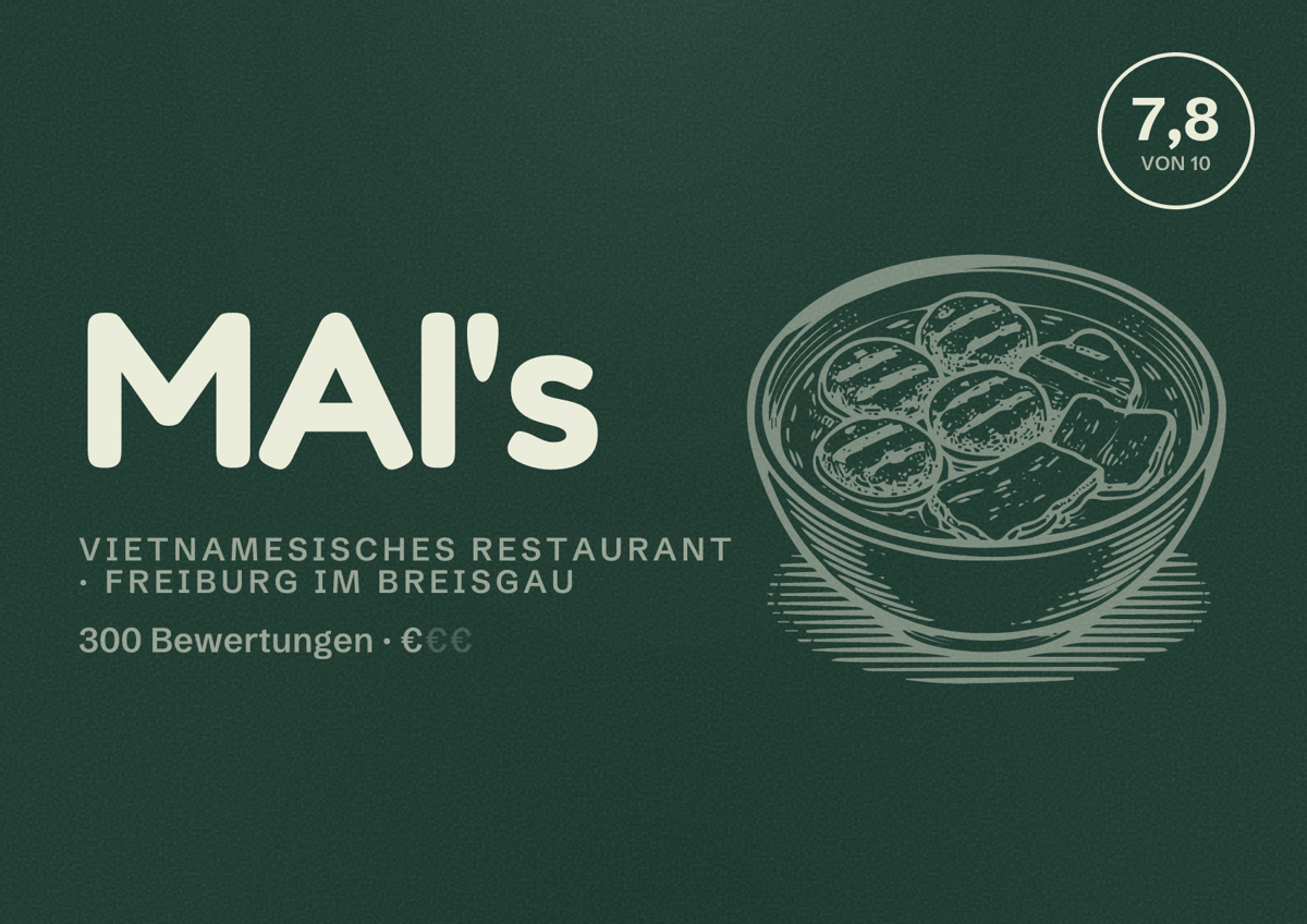 Illustriertes Poster von MAI's, Vietnamesisches Restaurant in Freiburg im Breisgau: Bewertung 7,8 von 10 aus 300 Bewertungen, Preisniveau €