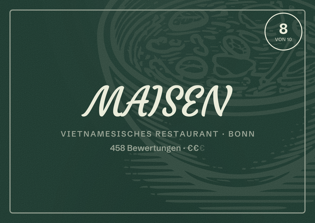 Illustriertes Poster von MAISEN, Vietnamesisches Restaurant in Bonn: Bewertung 8 von 10 aus 458 Bewertungen, Preisniveau €€