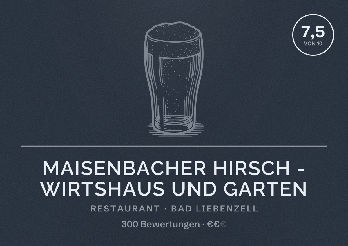 Illustriertes Poster von MAISENBACHER HIRSCH - Wirtshaus und Garten, Restaurant in Bad Liebenzell: Bewertung 7,5 von 10 aus 300 Bewertungen, Preisniveau €€