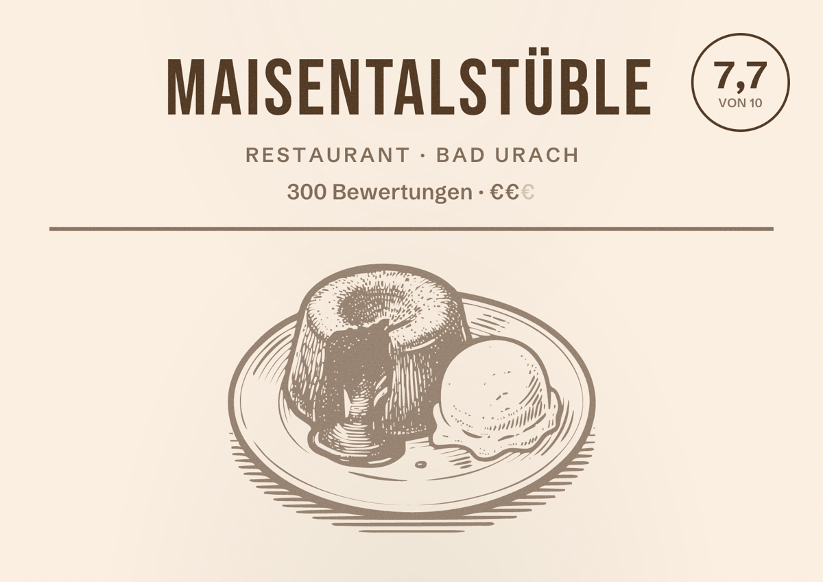 Illustriertes Poster von Maisentalstüble, Restaurant in Bad Urach: Bewertung 7,7 von 10 aus 300 Bewertungen, Preisniveau €€