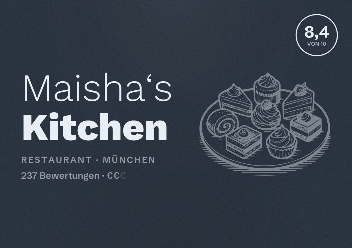 Illustriertes Poster von Maisha‘s Kitchen, Restaurant in München: Bewertung 8,4 von 10 aus 237 Bewertungen, Preisniveau €€