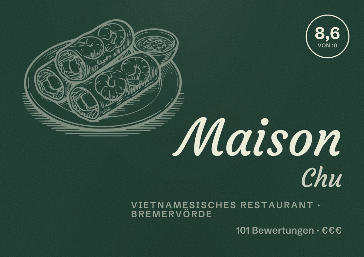 Illustriertes Poster von Maison Chu, Vietnamesisches Restaurant in Bremervörde: Bewertung 8,6 von 10 aus 101 Bewertungen, Preisniveau €€€