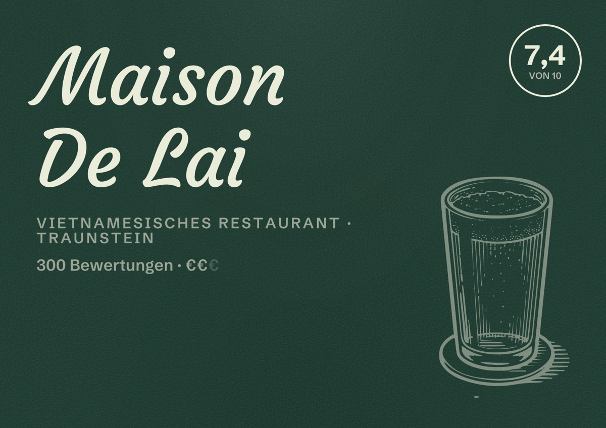 Illustriertes Poster von Maison De Lai, Vietnamesisches Restaurant in Traunstein: Bewertung 7,4 von 10 aus 300 Bewertungen, Preisniveau €€