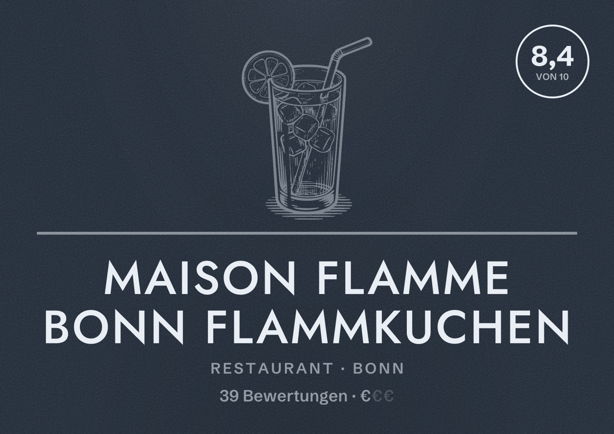 Illustriertes Poster von Maison Flamme Bonn Flammkuchen, Restaurant in Bonn: Bewertung 8,4 von 10 aus 39 Bewertungen, Preisniveau €