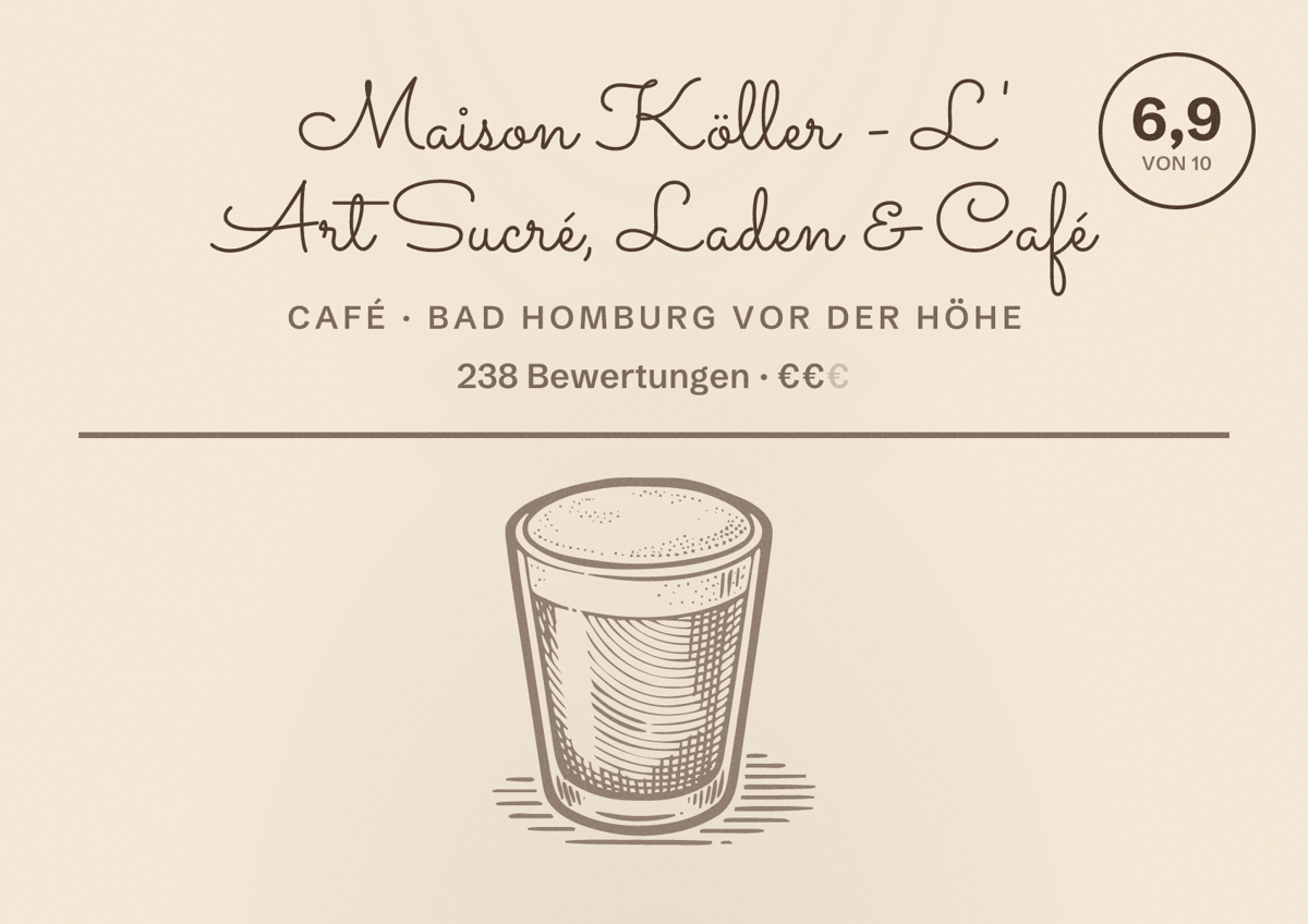 Illustriertes Poster von Maison Köller - L' Art Sucré, Laden & Café, Café in Bad Homburg vor der Höhe: Bewertung 6,9 von 10 aus 238 Bewertungen, Preisniveau €€