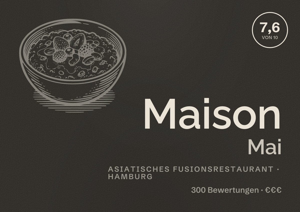 Illustriertes Poster von Maison Mai, Asiatisches Fusionsrestaurant in Hamburg: Bewertung 7,6 von 10 aus 300 Bewertungen, Preisniveau €€€