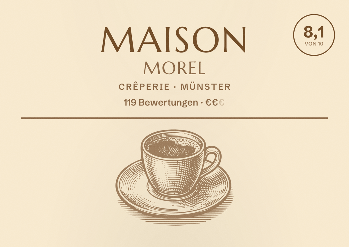 Illustriertes Poster von Maison Morel, Crêperie in Münster: Bewertung 8,1 von 10 aus 119 Bewertungen, Preisniveau €€