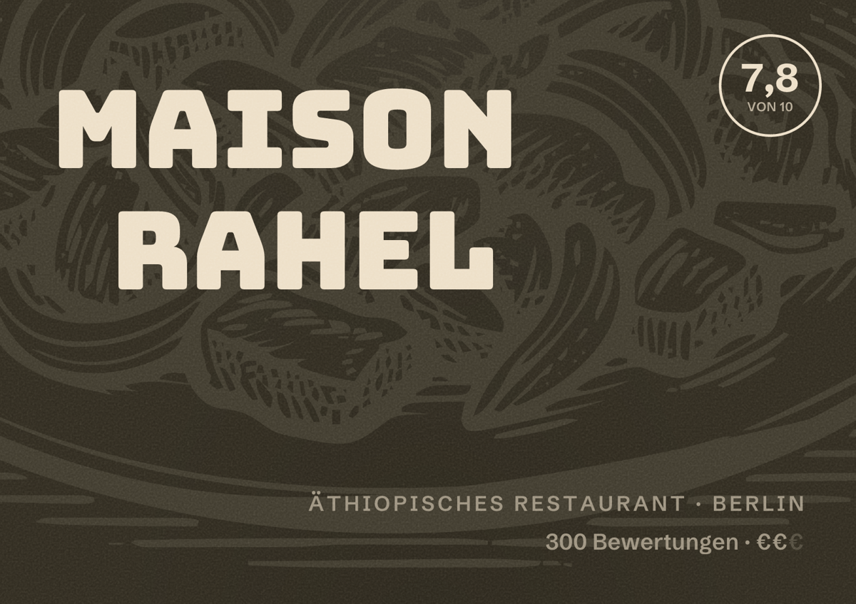 Illustriertes Poster von Maison Rahel, Äthiopisches Restaurant in Berlin: Bewertung 7,8 von 10 aus 300 Bewertungen, Preisniveau €€
