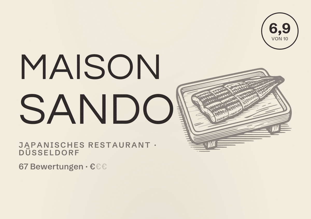 Illustriertes Poster von Maison Sando, Japanisches Restaurant in Düsseldorf: Bewertung 6,9 von 10 aus 67 Bewertungen, Preisniveau €