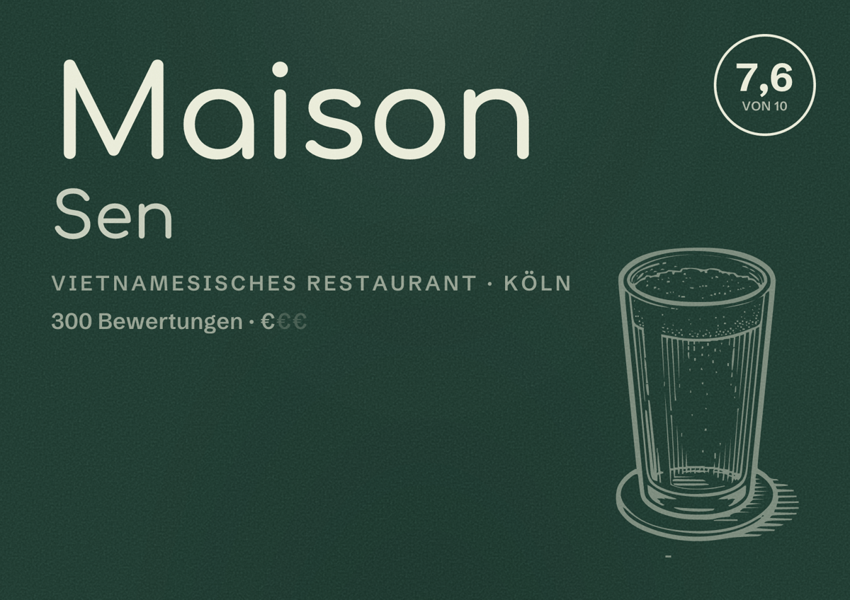 Illustriertes Poster von Maison Sen, Vietnamesisches Restaurant in Köln: Bewertung 7,6 von 10 aus 300 Bewertungen, Preisniveau €