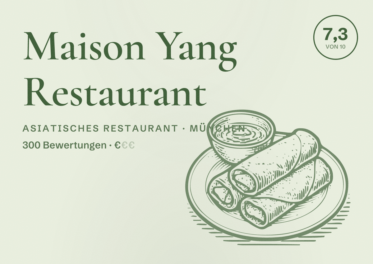 Illustriertes Poster von Maison Yang Restaurant, Asiatisches Restaurant in München: Bewertung 7,3 von 10 aus 300 Bewertungen, Preisniveau €