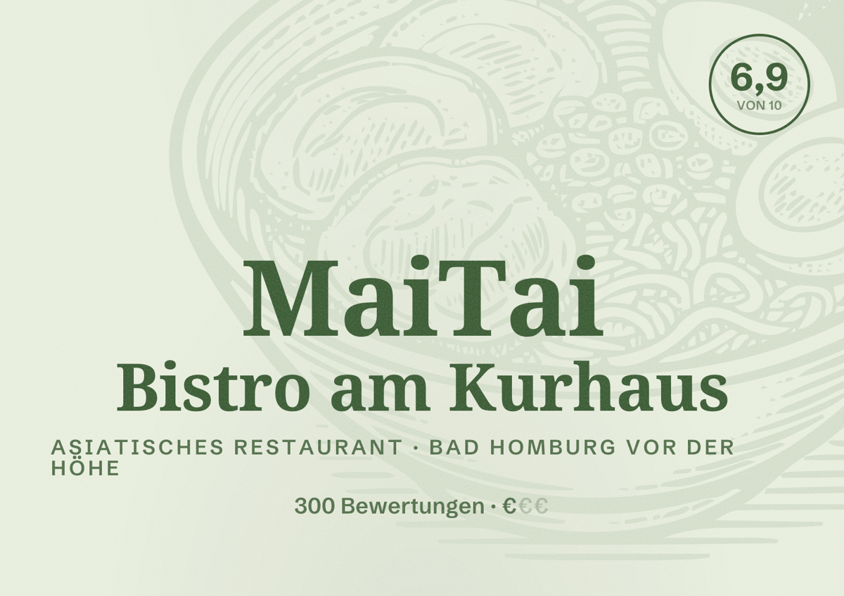Illustriertes Poster von MaiTai Bistro am Kurhaus, Asiatisches Restaurant in Bad Homburg vor der Höhe: Bewertung 6,9 von 10 aus 300 Bewertungen, Preisniveau €