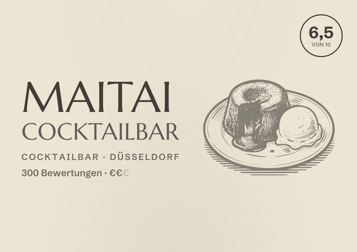 Illustriertes Poster von MAITAI Cocktailbar, Cocktailbar in Düsseldorf: Bewertung 6,5 von 10 aus 300 Bewertungen, Preisniveau €€
