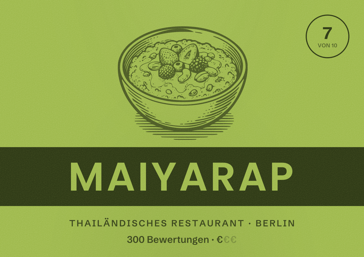 Illustriertes Poster von Maiyarap, Thailändisches Restaurant in Berlin: Bewertung 7,0 von 10 aus 300 Bewertungen, Preisniveau €