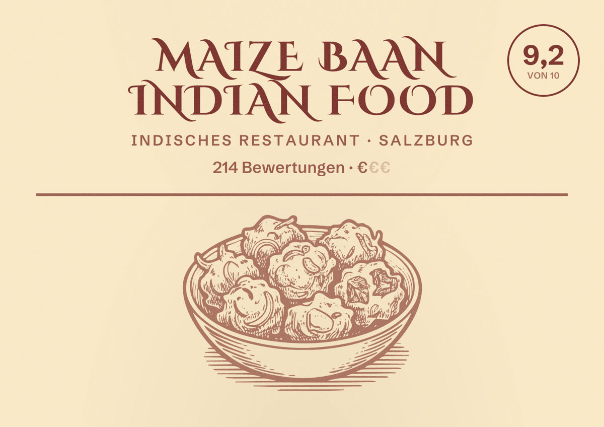 Illustriertes Poster von Maize Baan Indian Food, Indisches Restaurant in Salzburg: Bewertung 9,2 von 10 aus 214 Bewertungen, Preisniveau €
