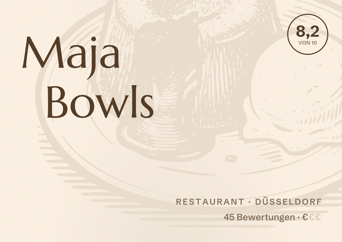 Illustriertes Poster von Maja Bowls, Restaurant in Düsseldorf: Bewertung 8,2 von 10 aus 45 Bewertungen, Preisniveau €