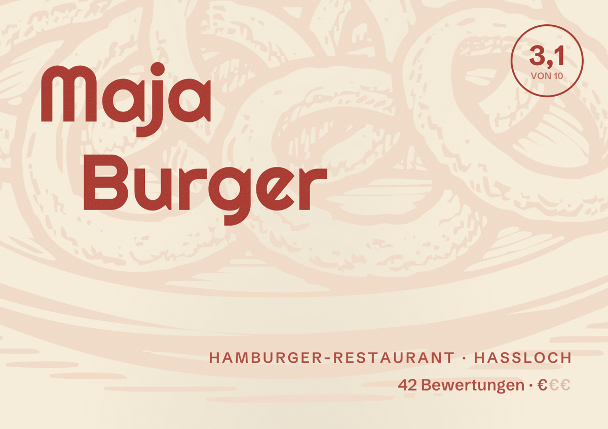 Illustriertes Poster von Maja Burger, Hamburger-Restaurant in Haßloch: Bewertung 3,1 von 10 aus 42 Bewertungen, Preisniveau €