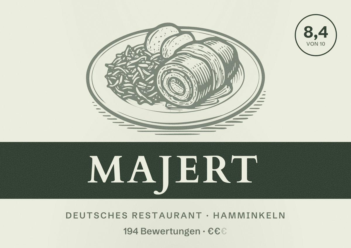 Illustriertes Poster von Majert, Deutsches Restaurant in Hamminkeln: Bewertung 8,4 von 10 aus 194 Bewertungen, Preisniveau €€