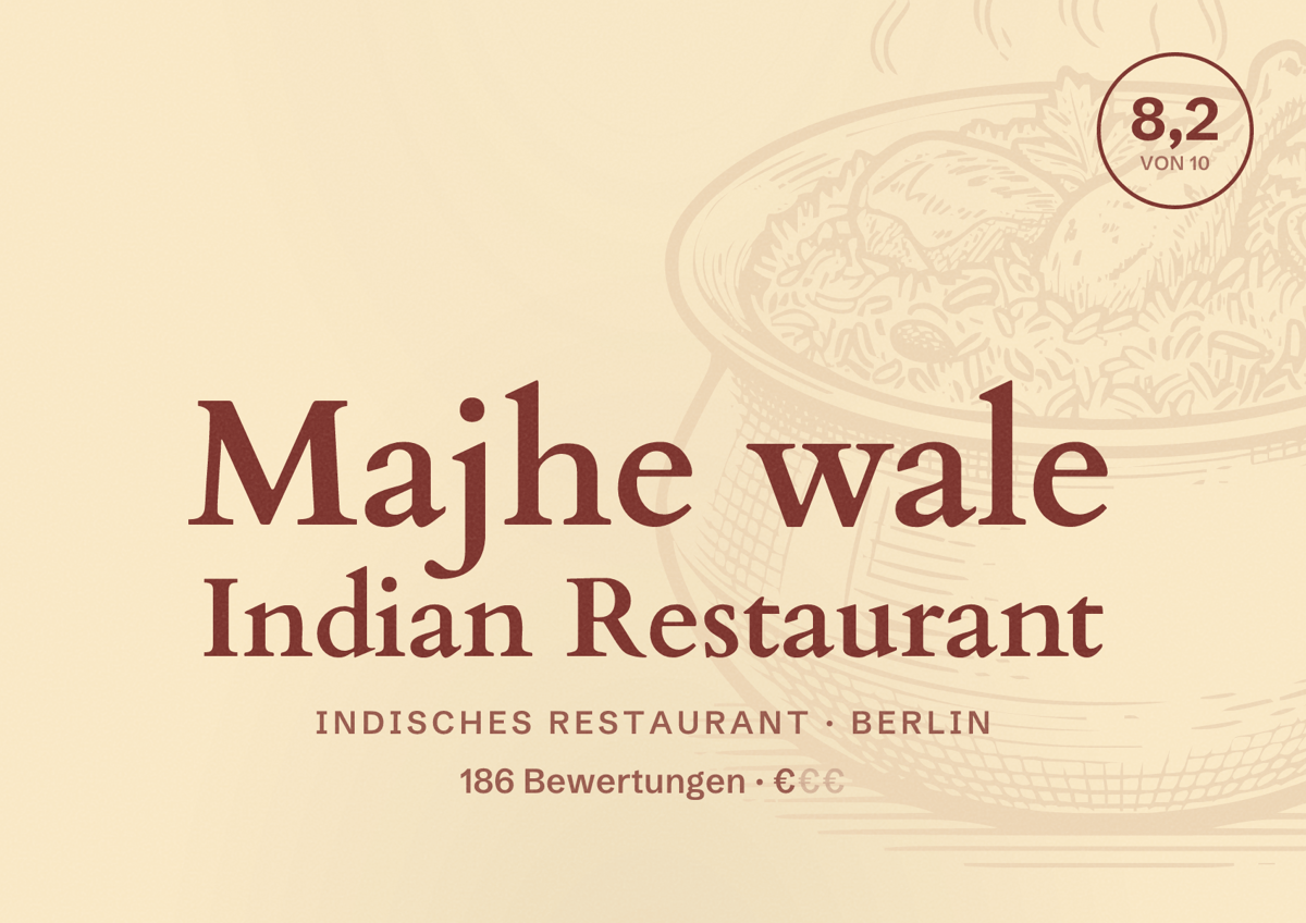 Illustriertes Poster von Majhe wale Indian Restaurant, Indisches Restaurant in Berlin: Bewertung 8,2 von 10 aus 186 Bewertungen, Preisniveau €