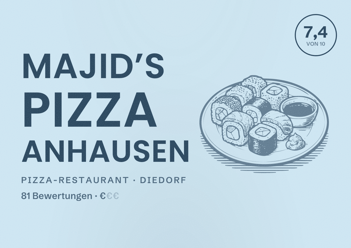 Illustriertes Poster von Majid’s Pizza Anhausen, Pizza-Restaurant in Diedorf: Bewertung 7,4 von 10 aus 81 Bewertungen, Preisniveau €