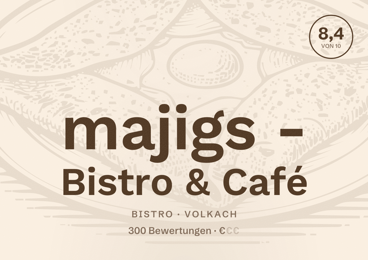 Illustriertes Poster von majigs - Bistro & Café, Bistro in Volkach: Bewertung 8,4 von 10 aus 300 Bewertungen, Preisniveau €