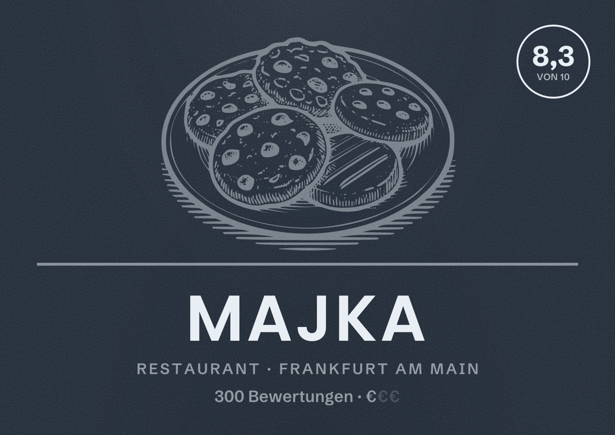 Illustriertes Poster von Majka, Restaurant in Frankfurt am Main: Bewertung 8,3 von 10 aus 300 Bewertungen, Preisniveau €