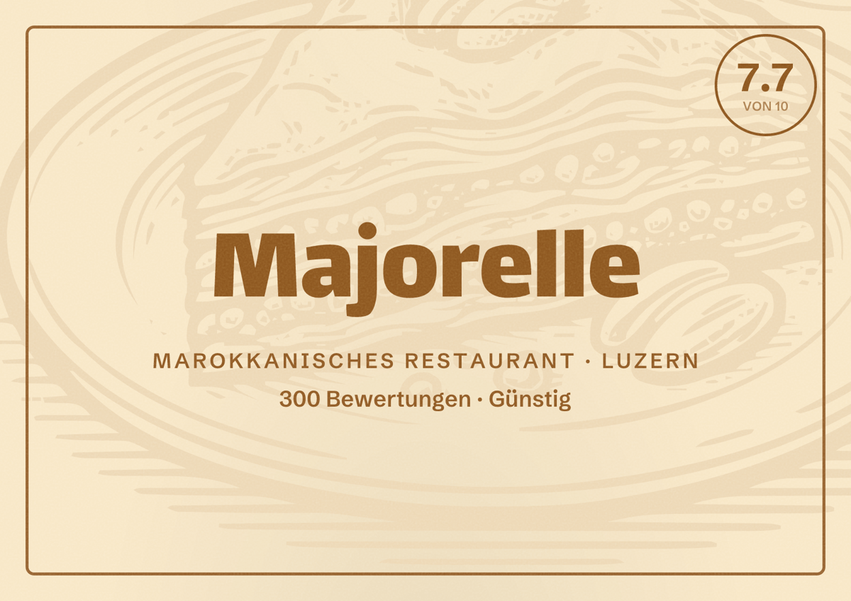 Illustriertes Poster von Majorelle, Marokkanisches Restaurant in Luzern: Bewertung 7.7 von 10 aus 300 Bewertungen, Preisniveau Günstig