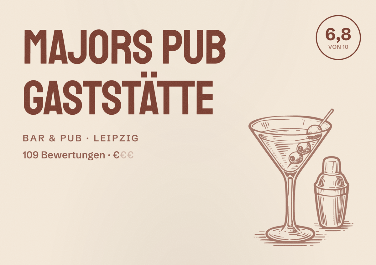 Illustriertes Poster von Majors Pub Gaststätte, Bar & Pub in Leipzig: Bewertung 6,8 von 10 aus 109 Bewertungen, Preisniveau €