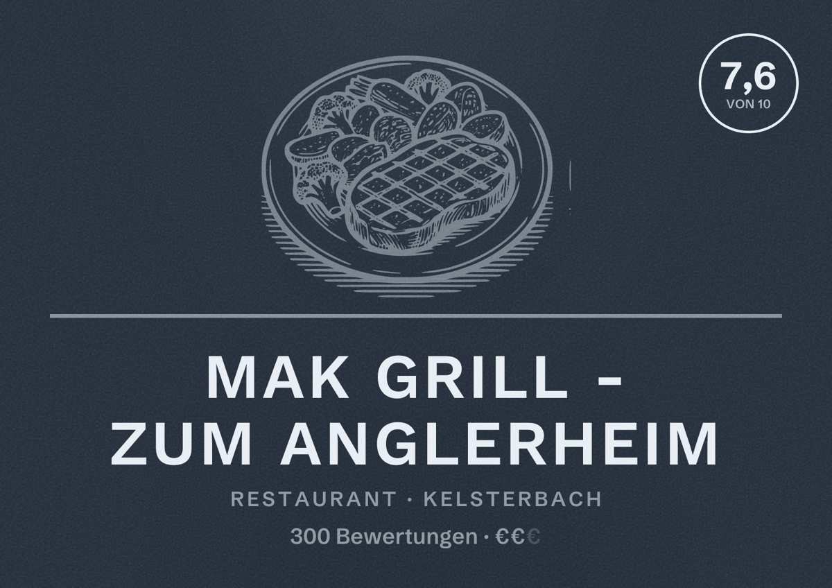 Illustriertes Poster von Mak Grill - Zum Anglerheim, Restaurant in Kelsterbach: Bewertung 7,6 von 10 aus 300 Bewertungen, Preisniveau €€