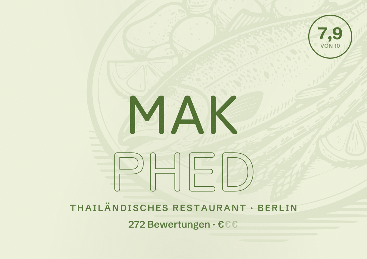 Illustriertes Poster von Mak Phed, Thailändisches Restaurant in Berlin: Bewertung 7,9 von 10 aus 272 Bewertungen, Preisniveau €