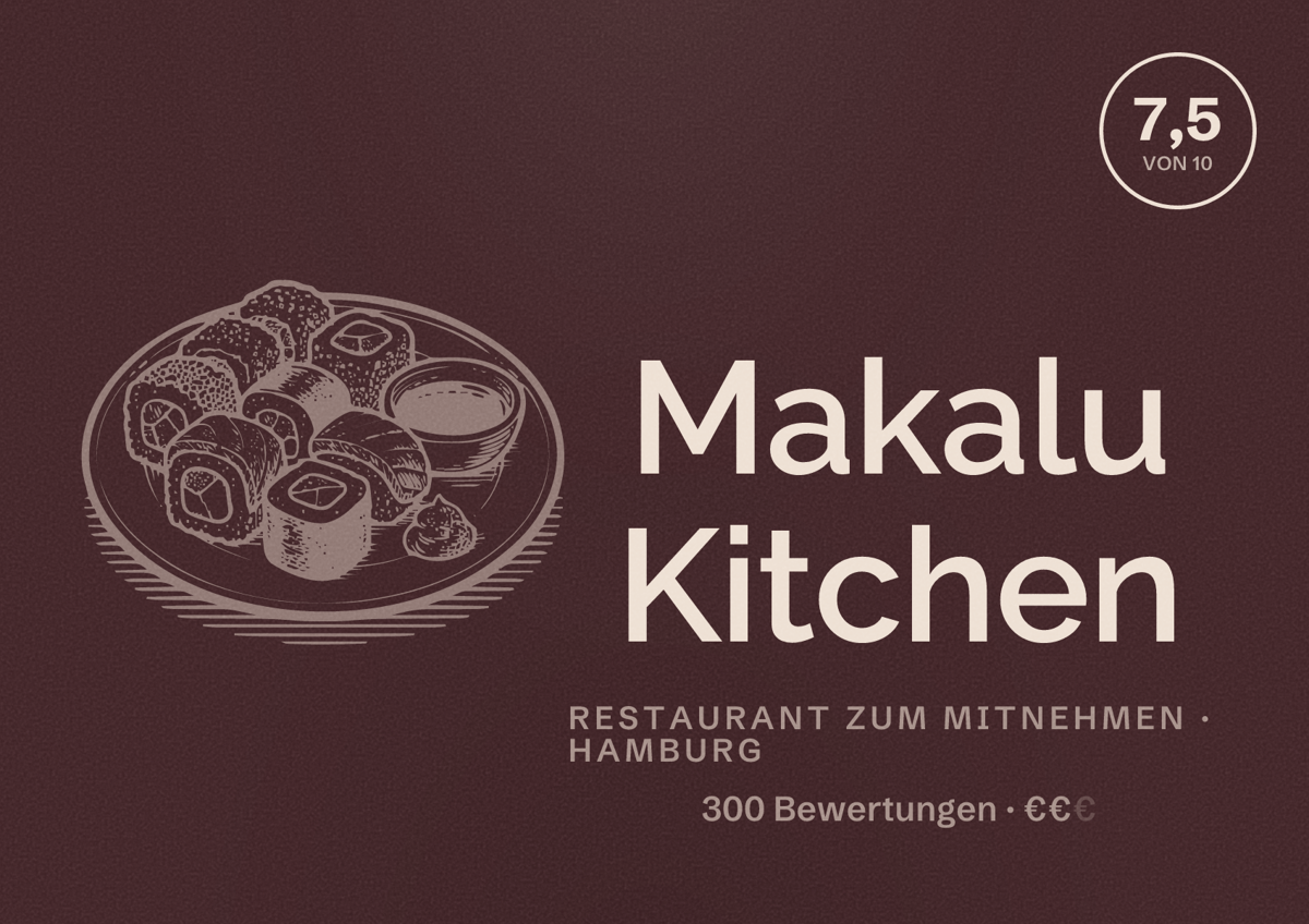 Illustriertes Poster von Makalu Kitchen, Restaurant zum Mitnehmen in Hamburg: Bewertung 7,5 von 10 aus 300 Bewertungen, Preisniveau €€