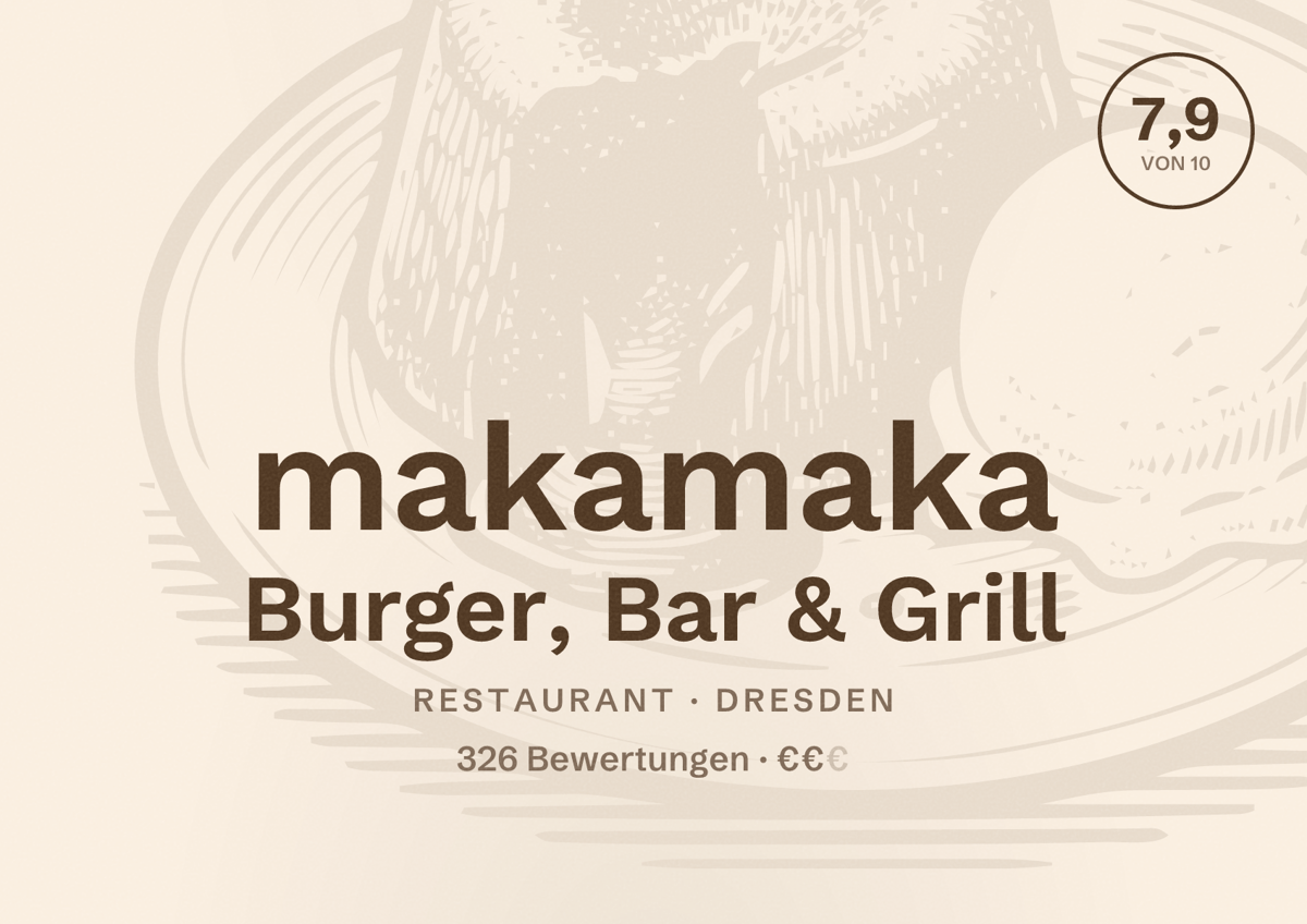 Illustriertes Poster von makamaka Burger, Bar & Grill, Restaurant in Dresden: Bewertung 7,9 von 10 aus 326 Bewertungen, Preisniveau €€