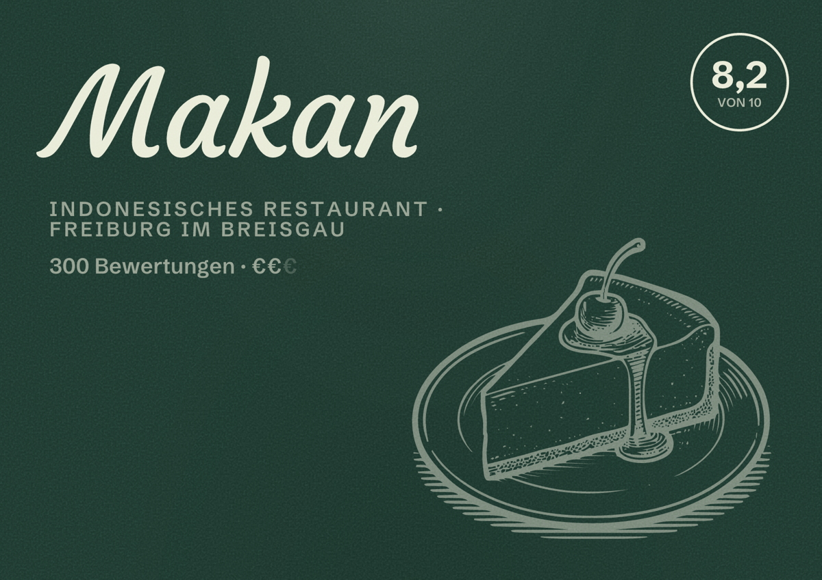 Illustriertes Poster von Makan, Indonesisches Restaurant in Freiburg im Breisgau: Bewertung 8,2 von 10 aus 300 Bewertungen, Preisniveau €€
