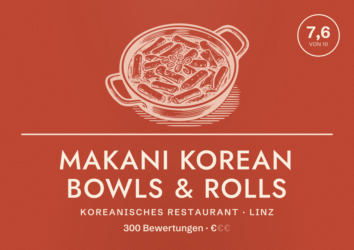 Illustriertes Poster von Makani Korean Bowls & Rolls, Koreanisches Restaurant in Linz: Bewertung 7,6 von 10 aus 300 Bewertungen, Preisniveau €