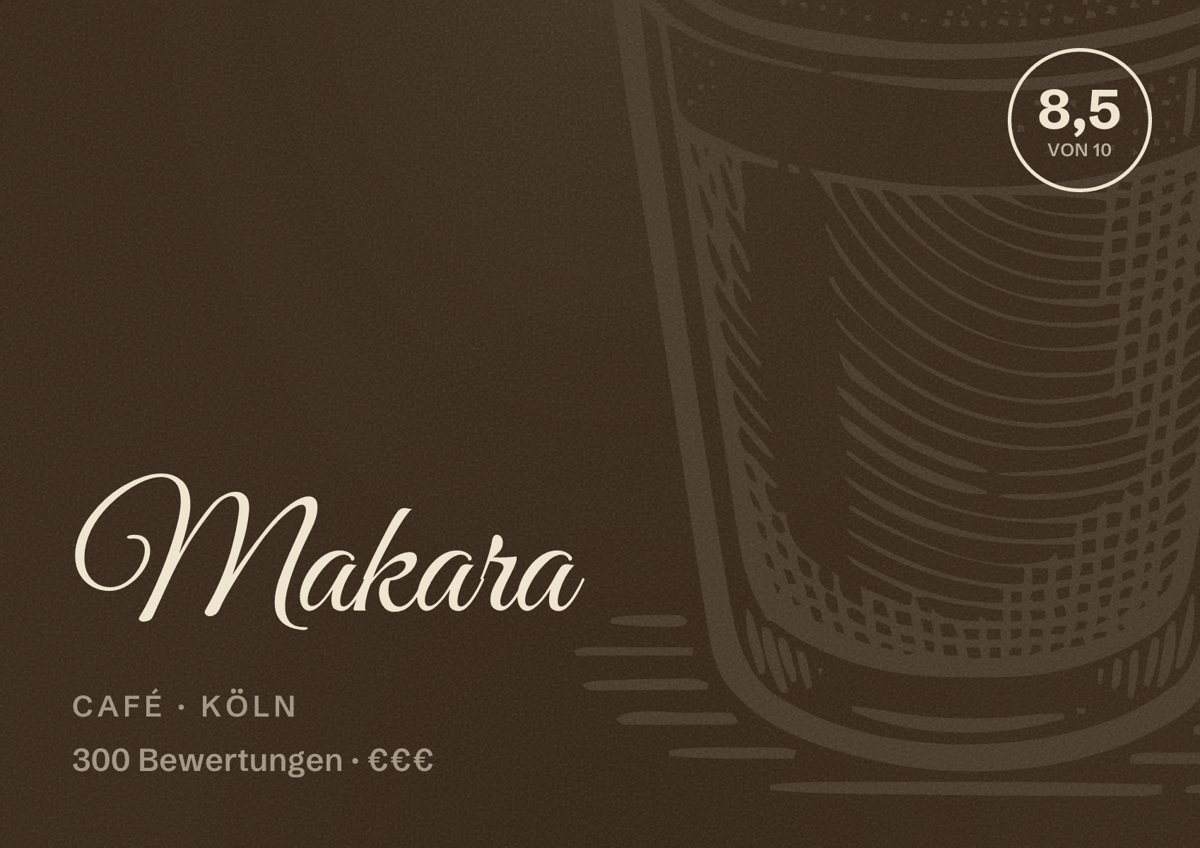 Illustriertes Poster von Makara, Café in Köln: Bewertung 8,5 von 10 aus 300 Bewertungen, Preisniveau €€€