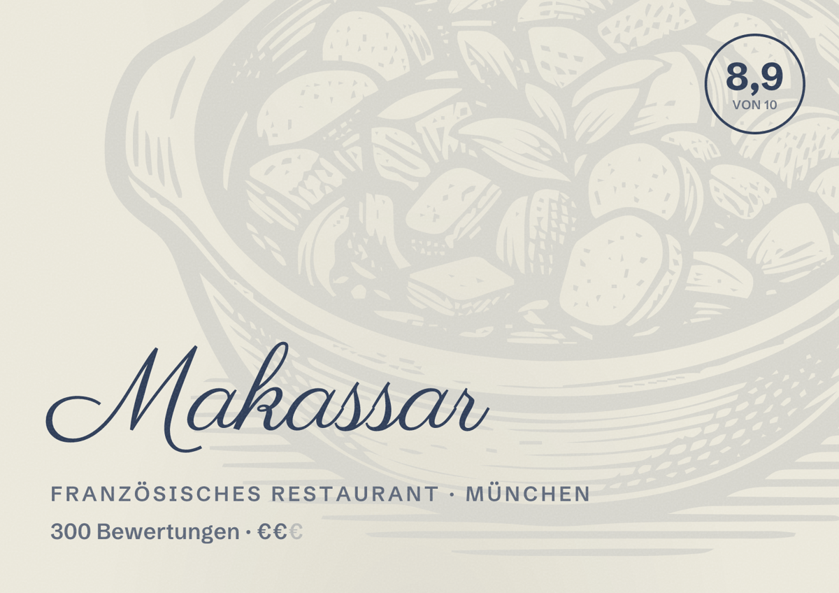 Illustriertes Poster von Makassar, Französisches Restaurant in München: Bewertung 8,9 von 10 aus 300 Bewertungen, Preisniveau €€
